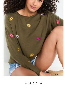 Lisa Todd Olive Green Sweater with Multicolor Kiss Embroidery